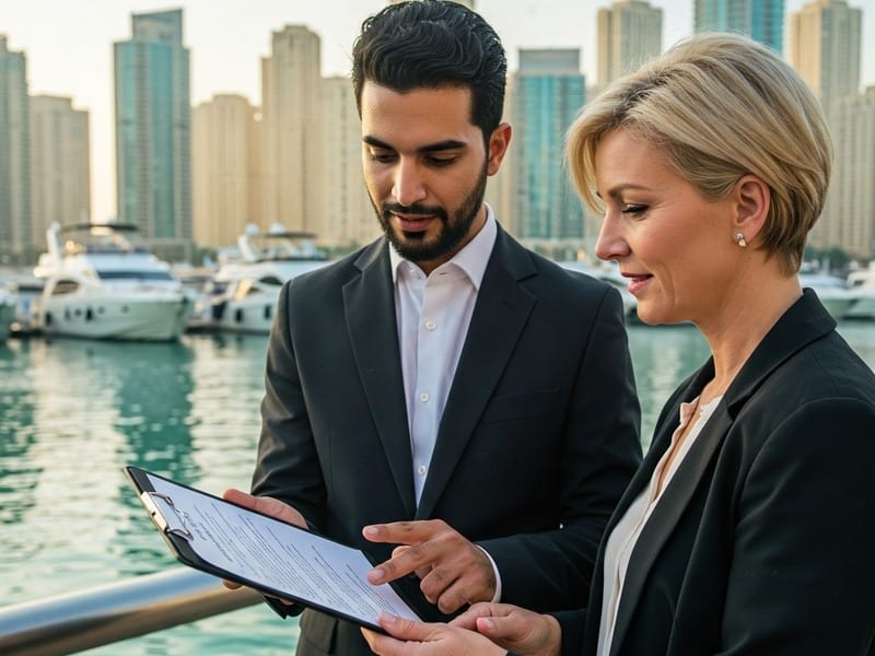 Real estate manager presenting rental contract digitally